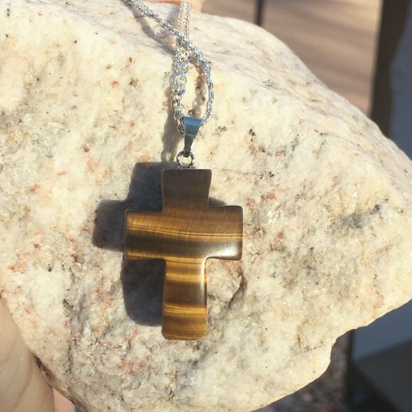 Natural Tiger's Eye Cross Pendant - Picture 7 of 11